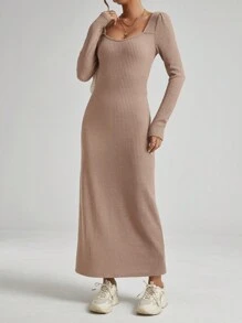 SHEIN Essnce 女式甜心領口連身裙 - 卡其色 - 查看 5