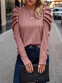 SHEIN Clasi 女款泡泡袖紋理長袖圓領t卹 - 粉色 - 查看 6