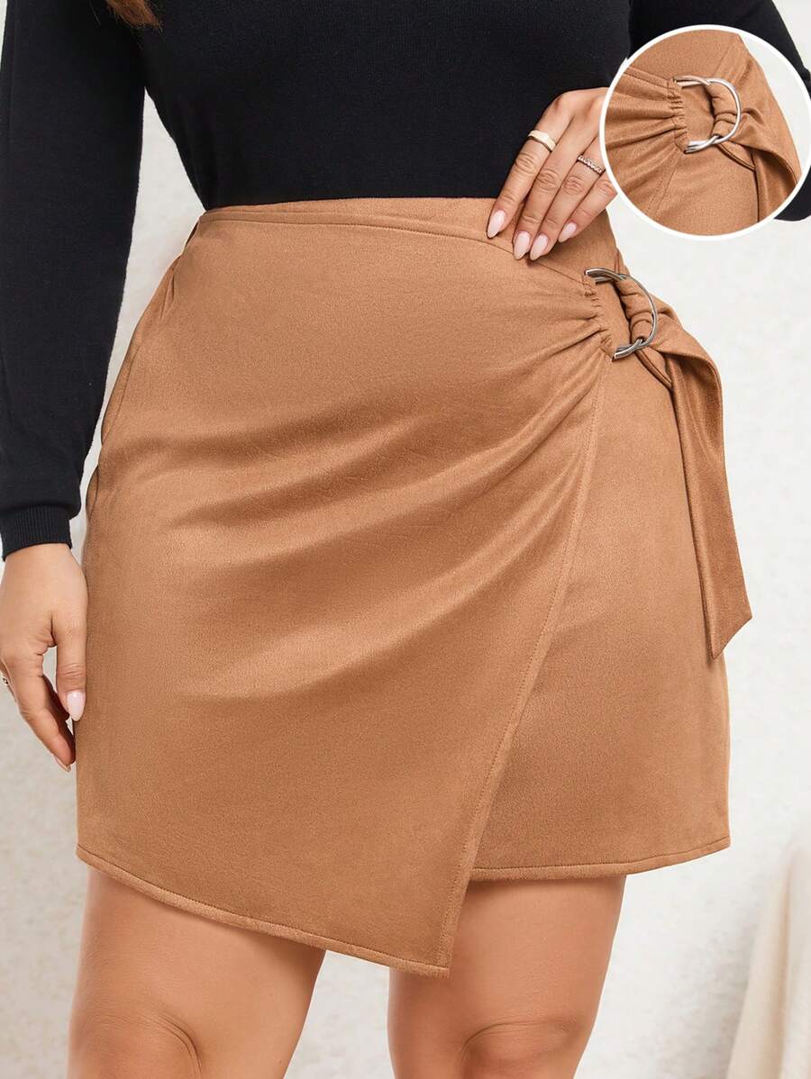 SHEIN Privé 大碼優雅半身裙 - 咖啡棕 - 查看 1