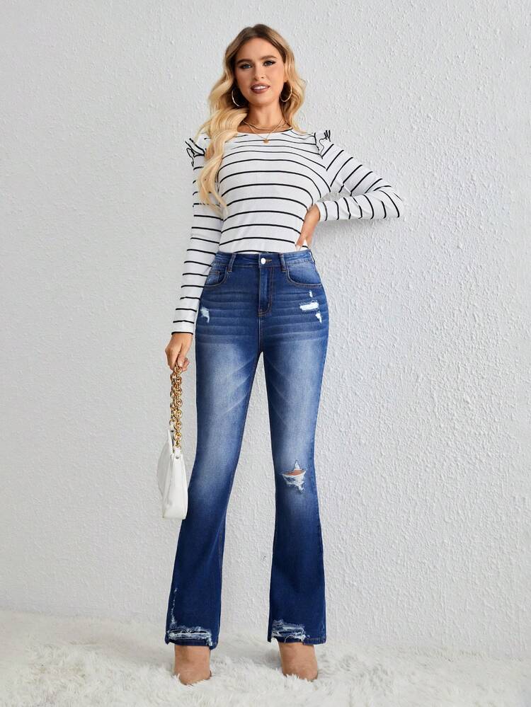 Ladies' High Elasticity Heavy Duty Vintage Distressed Flared Jeans With Ripped Holes