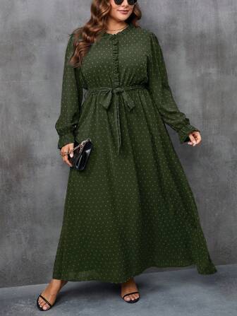 SHEIN Privé 大码女式灯笼袖系带连衣裙