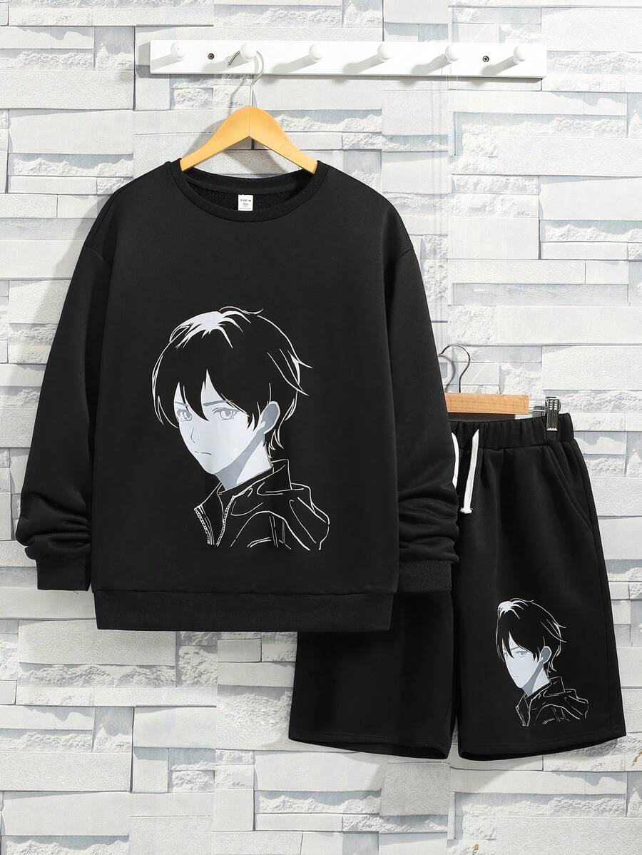 SHEIN Teen Boys' Casual And Comfortable Printed Round Neck Sweatshirt With Knitted Shorts Set - Black - View 1