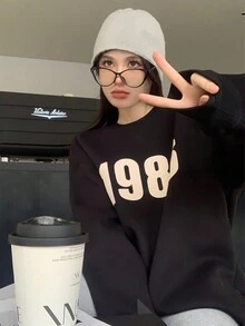 Sudadera Con Cuello Redondo, Con Estampado 1986, Atemporal Y Casual Para Mujer En Otoño E Invierno - Negro - Ver 5