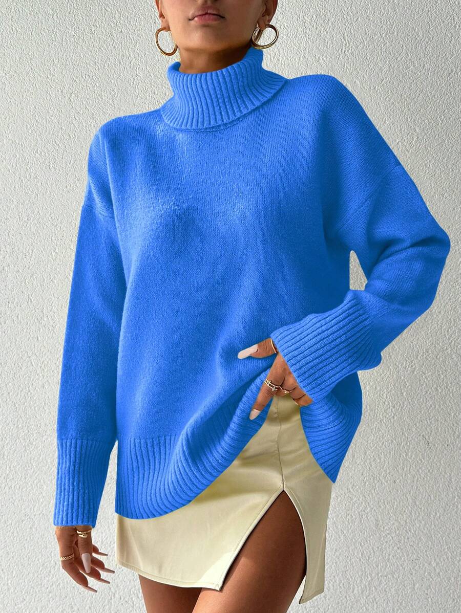 EURMUSE Turtleneck Drop Shoulder Sweater - Royal Blue - View 1