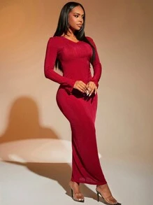 SHEIN SXY Đỏ  Đảng NYE
Tiệc mừng năm mới Đầm Với Thiết kế rỗng , Bên Kẹp chặt Eo Và Gợi cảm Dài Đầm - Màu Đỏ Sâu - Xem 3