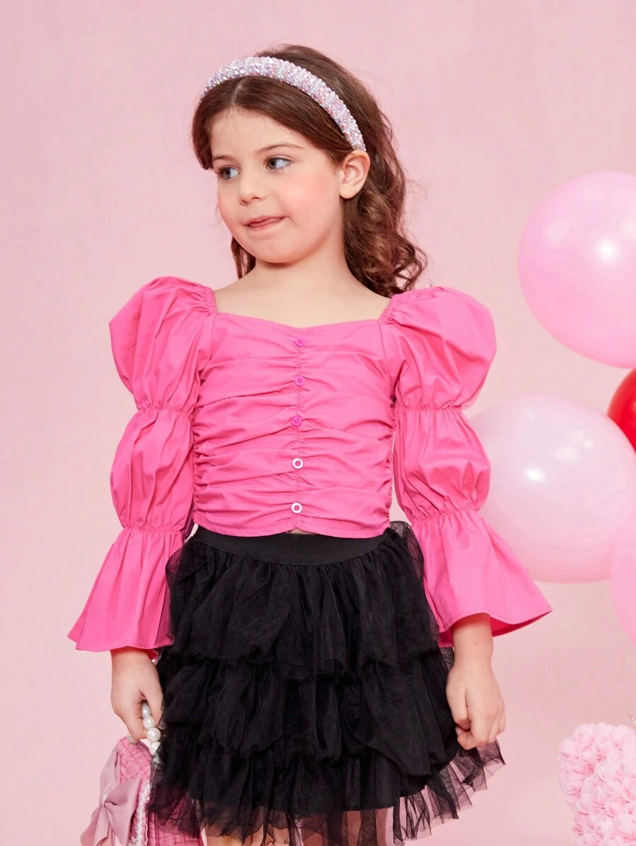 SHEIN Camisa Tejida Elegante Y Ajustada Con Mangas Hinchadas Y Cuello Acanalado De Pollo Y Estampado Floral Para Niñas Pequeñas, Ideal Para Ocasiones Elegantes Y Casuales - Rosa Fucsia - Ver 1