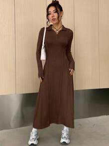 SHEIN EZwear レディース 無地 ハーフボタン フロント ニットワンピース - コーヒー - チェックする 3
