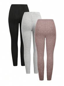 SHEIN LUNE Women's Solid Color Mesh Ribbed Leggings 3-Pack Set - Multicolor - View 4