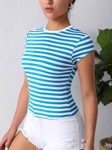 SHEIN Essnce 條紋修身短袖t卹 - 藍色 - 查看 5