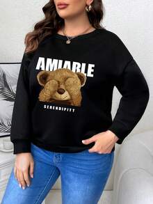 SHEIN LUNE Hơn Đồ họa chữ cái & Gấu Thả vai Áo nỉ - màu đen - Xem 5