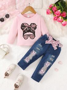 Baby Girls' Personality Printed Long Sleeve Top And Denim Pants Set