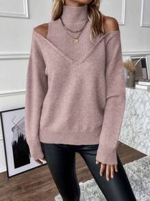 EMERY ROSE Áo len nữ cổ cao khoét vai, chất liệu dệt kim, thích hợp cho mùa thu đông. - Màu tím - Xem 4
