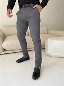 Manfinity 男士純色西裝褲(不含皮帶) - 灰色 - 查看 4