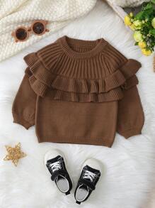 新款圓領荷葉邊紋編織毛衣,配飾適用於女嬰,秋冬季節 - 棕色 - 查看 1