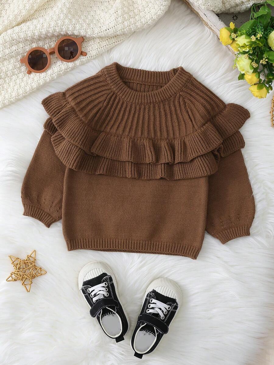 新款圓領荷葉邊紋編織毛衣,配飾適用於女嬰,秋冬季節 - 棕色 - 查看 1
