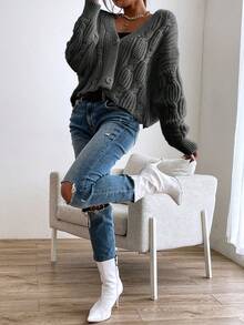 SHEIN Essnce Loose Cable Knit Cardigan - Dark Grey - View 3