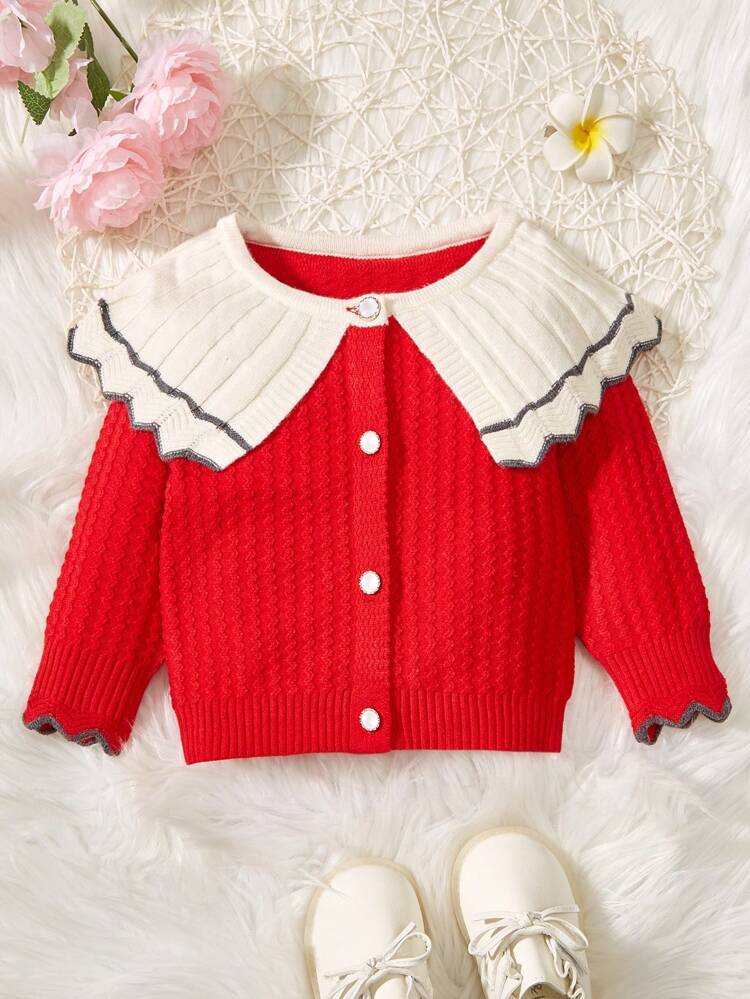 Baby Girls' Color Block Cardigan With Large Lapel And Scalloped Hem
