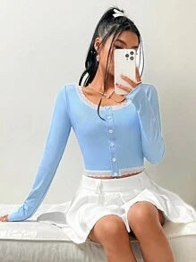 SHEIN MOD 女式拼布蕾絲短款 T 卹 - 藍色 - 查看 5