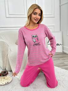 RueChic Striped & Cartoon Graphic PJ Set - Red - View 1