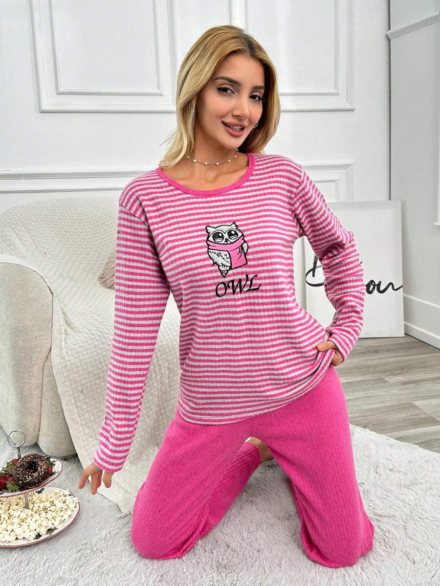 RueChic Striped & Cartoon Graphic PJ Set - Red - View 1