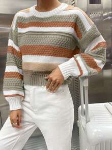 SHEIN Qutie Color Block Striped Drop Shoulder Sweater - Multicolor - View 7