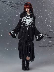 ROMWE Goth 山羊和月亮圖案圓領波浪袖毛衣 - 黑色 - 查看 4