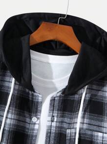 Manfinity Hypemode Men's Plaid Hooded Drawstring Long Sleeve Shirt - Black - View 3