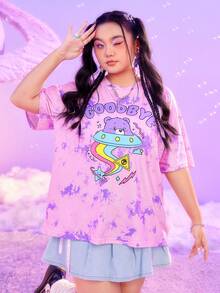 ROMWE X Care Bears 大尺碼卡通字母印花水染t恤 - 彩色 - 查看 4