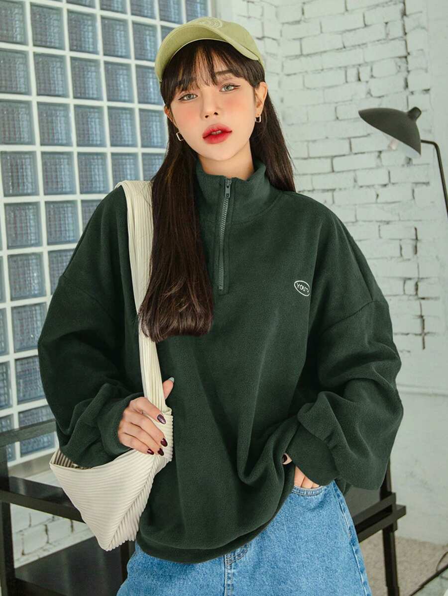 DAZY Letter Embroidered Zippered Drop Shoulder Sweatshirt,Long Sleeve Tops,Fall Women Clothes