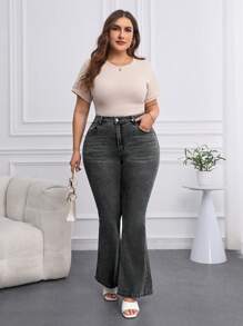 SHEIN Privé 大尺碼女式喇叭牛仔褲 - 灰色 - 查看 3