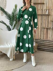 Women's Polka Dot Print Hidden Pocket Wrap Split Dress - Green - View 5