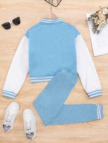 SHEIN Tween Girl Velvet Letter Print Baseball Jacket And Leggings Set - Blue - View 2