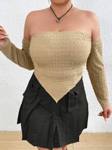 Flirla Kích thước lớn Của phụ nữ Textured Chất vải Áo không dây - Màu Khaki - Xem 7
