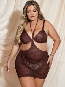 Spicy Aura Plus Size Hollow Out Wireless Bra Lingerie Dress - Coffee Brown - View 4