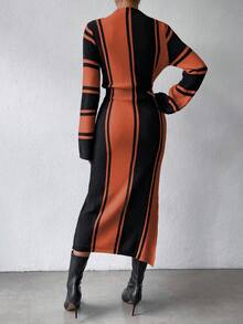 SHEIN Privé Women's Stand Collar  Flared Sleeve Striped Sweater Dress - Multicolor - View 2