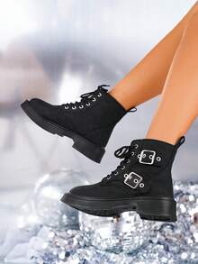 Winter Women's New Style Thermal Lined Warm Black Belt Buckle Decorated High Heel Boots With Chunky Sole And Ankle Boots - Black - View 4