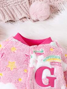 寶寶女孩可愛的獨角獸印花絨毛連體衣 - 玫紅色 - 查看 6