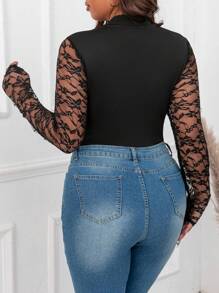 Calvaya Plus Size Lace & Mesh Panel Soft Knit Stand Collar Bodysuit, Suitable For Evening Parties & Going Out