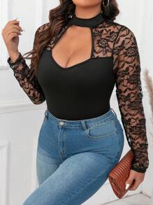Calvaya Plus Size Lace & Mesh Panel Soft Knit Stand Collar Bodysuit, Suitable For Evening Parties & Going Out