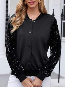 EMERY ROSE Women's Card Pattern Splicing Bomber Jacket - Black - View 4