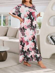 Vestido de pijama con manga tipo murciélago con estampado floral, vestido largo para mujeres de talla grande