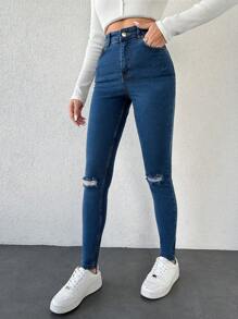 RueChic 女裝修身撕裂牛仔褲 - 霧霾藍 - 查看 5