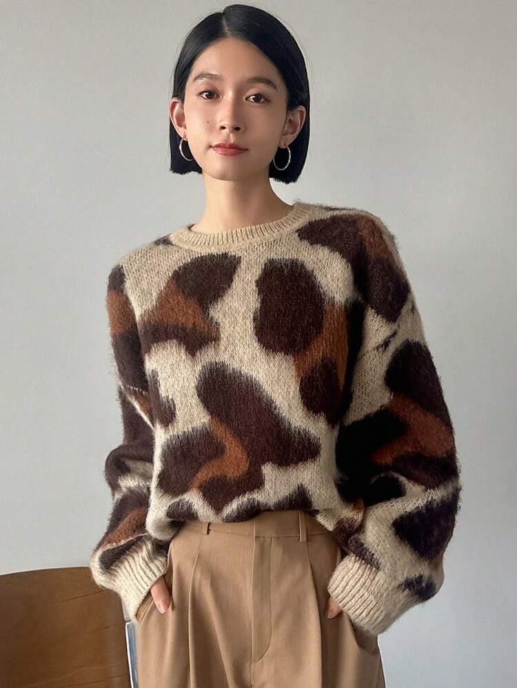 Women's Leopard Print Drop Shoulder Sweater,Ladies Late Fall Casual Long Sleeve Loose Coffee Brown Drop Shoulder Pullovers Women Sweaters,Long Sleeve Tops