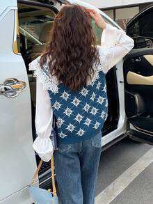 1入組幾何圖案前紐扣毛衣背心 - 藍色 - 查看 2