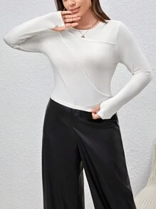 SHEIN Essnce 女性加大尺寸純色修身t恤 - 杏色 - 查看 1