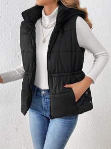 SHEIN Frenchy Của phụ nữ Màu thuần áo có mũ Đệm Áo vest Với dây kéo - màu đen - Xem 1