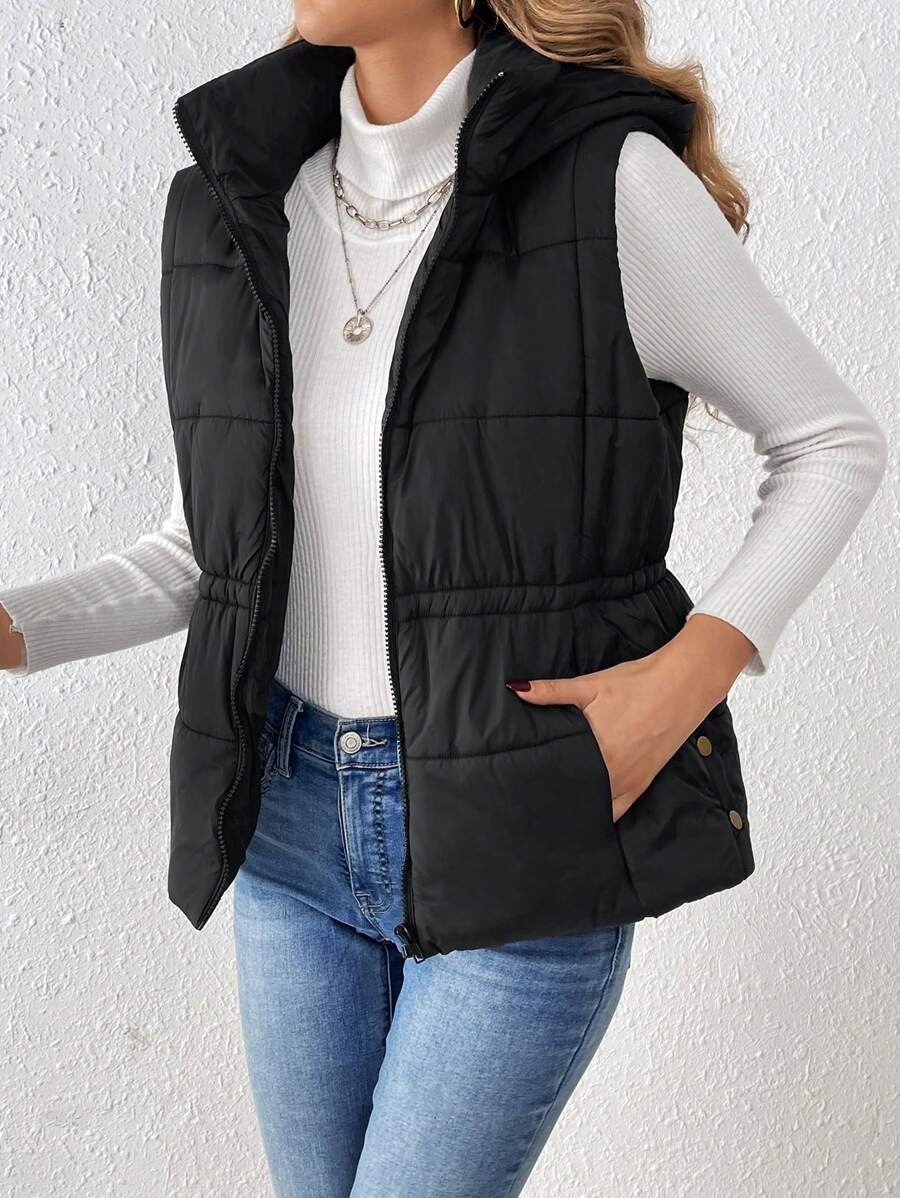 SHEIN Frenchy Của phụ nữ Màu thuần áo có mũ Đệm Áo vest Với dây kéo - màu đen - Xem 1