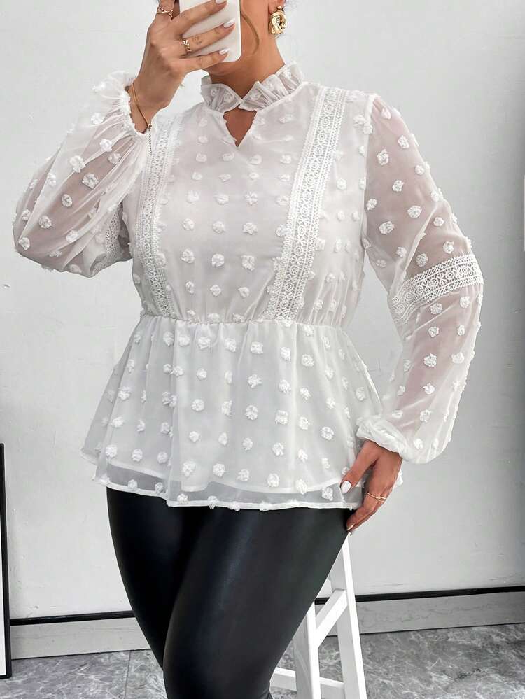 Plus Size Solid Color Long Sleeve Shirt With Polka Dot Mesh Design