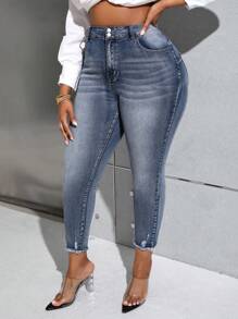 SHEIN Privé Plus Size High Waisted Skinny Jeans With Stone Wash Effect - Blue - View 1