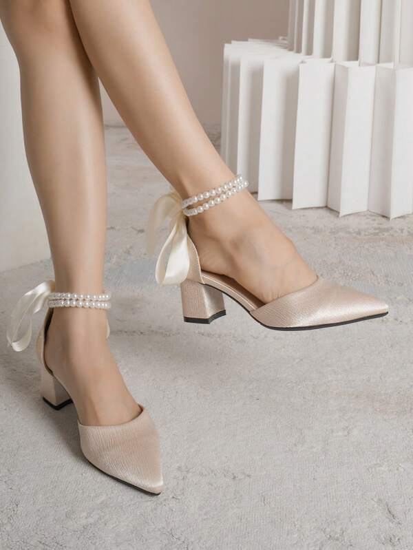 Fall/Winter 2025 Beige Hollow Out Ankle Strap Pearl Chain Pointed Toe High Heel Shoes With Bowknot Detail, Fashionable And Versatile,Elegant,Women Pumps